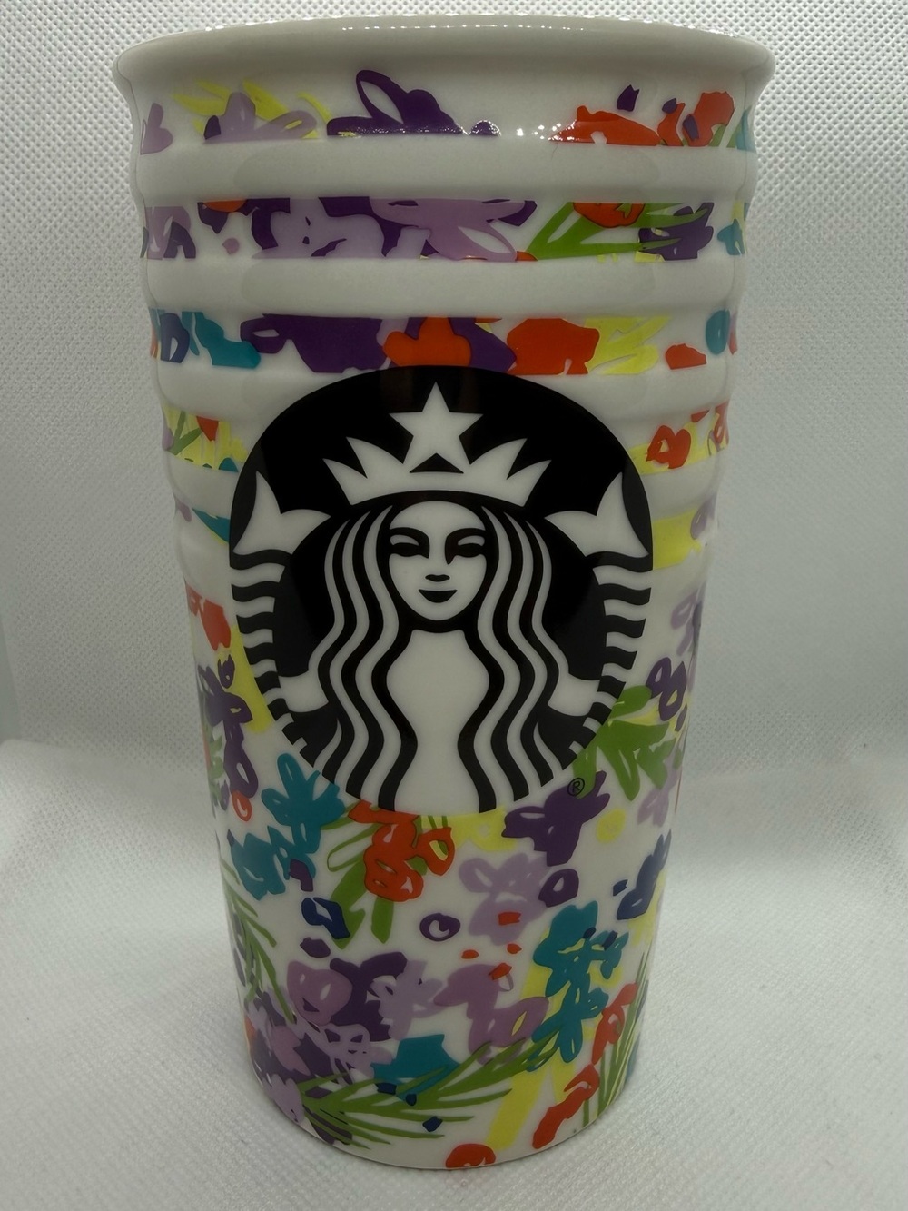 Starbucks Spring Pink Floral Band Ceramic Traveler Tumbler Coffee Cup 10 oz 2016